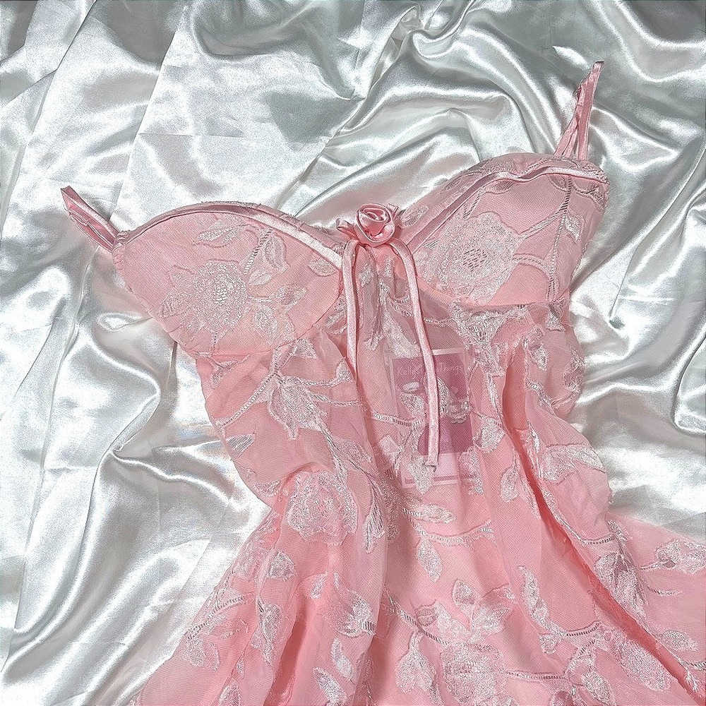 y2k coquette Babydoll Pink Floral Embroidered Mesh Sheer Chemise Lingerie